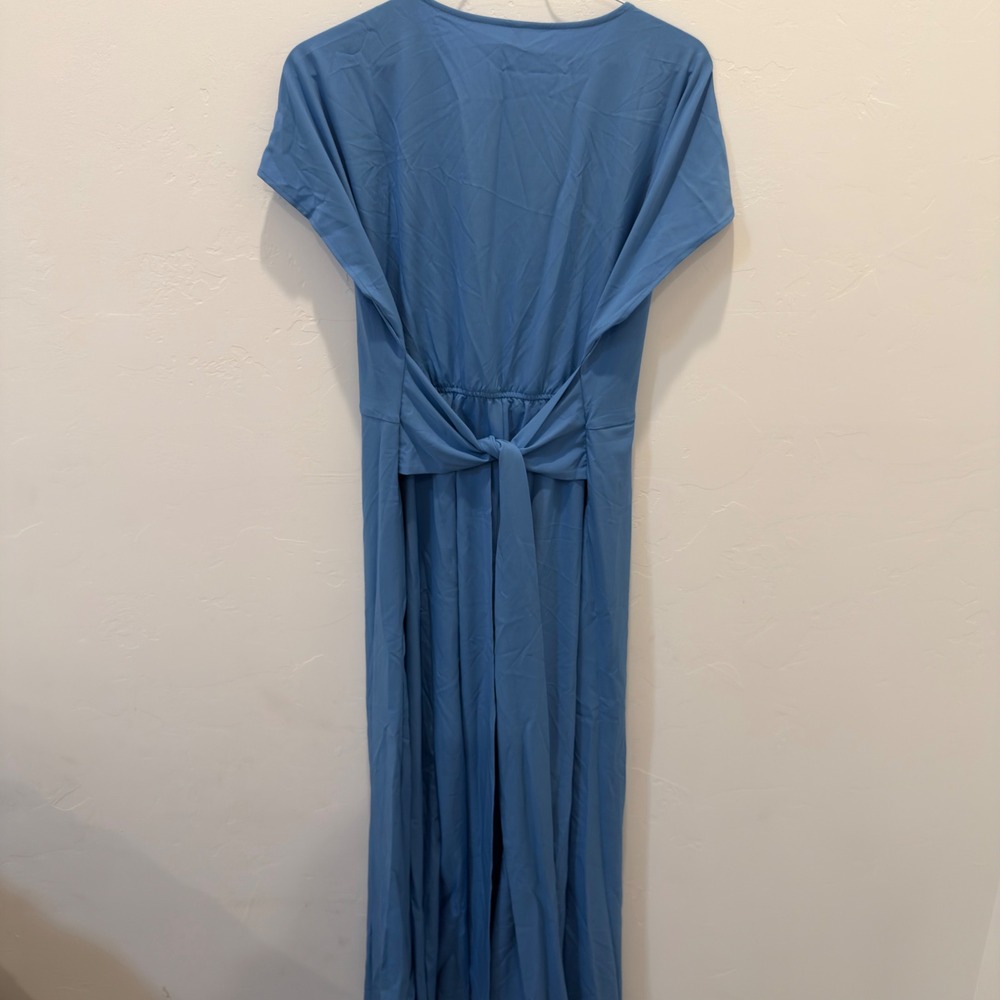 Halara Breezeful Blue Wide Leg Jumpsuit V-Neck Tie Back Athleisure Large NWT